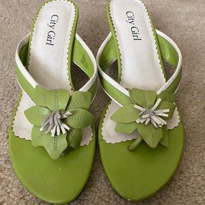 Green Slip On Sandals w/ Small Heel